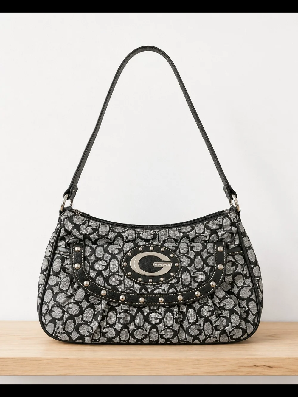 Black and Gray Logo Jacquard Shoulder Bag with Stud Embellishment